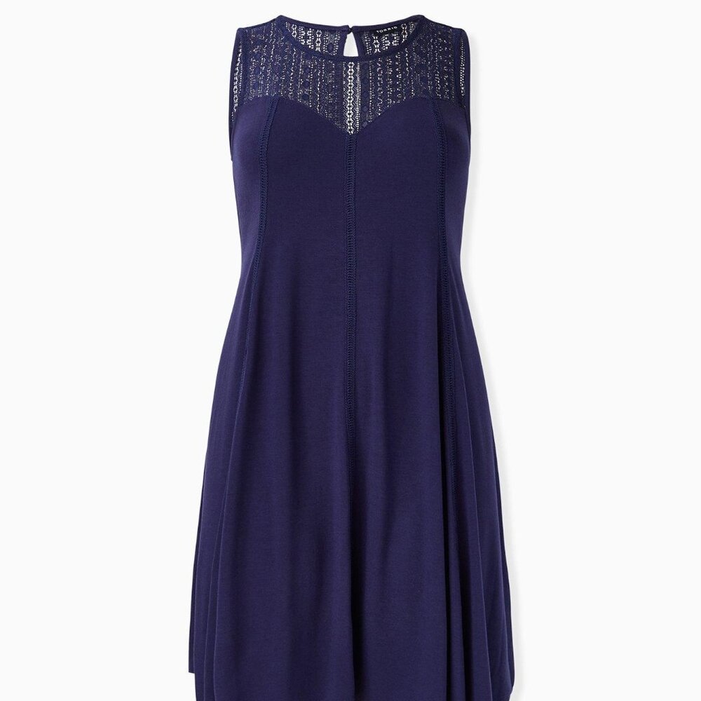Torrid Navy Jersey Lace Yoke Handkerchief Fluted Midi Trapeze Dress